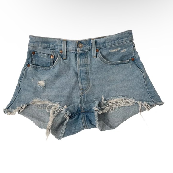 Levi's 501 Button Fly Distressed Jean Shorts W27 Light Wash Cut Offs Women's - Picture 1 of 12